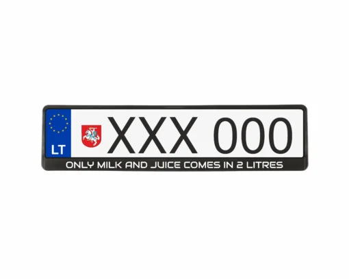 Juodi numerių rėmeliai su užrašu ONLY MILK AND JUICE COMES IN 2 LITRES